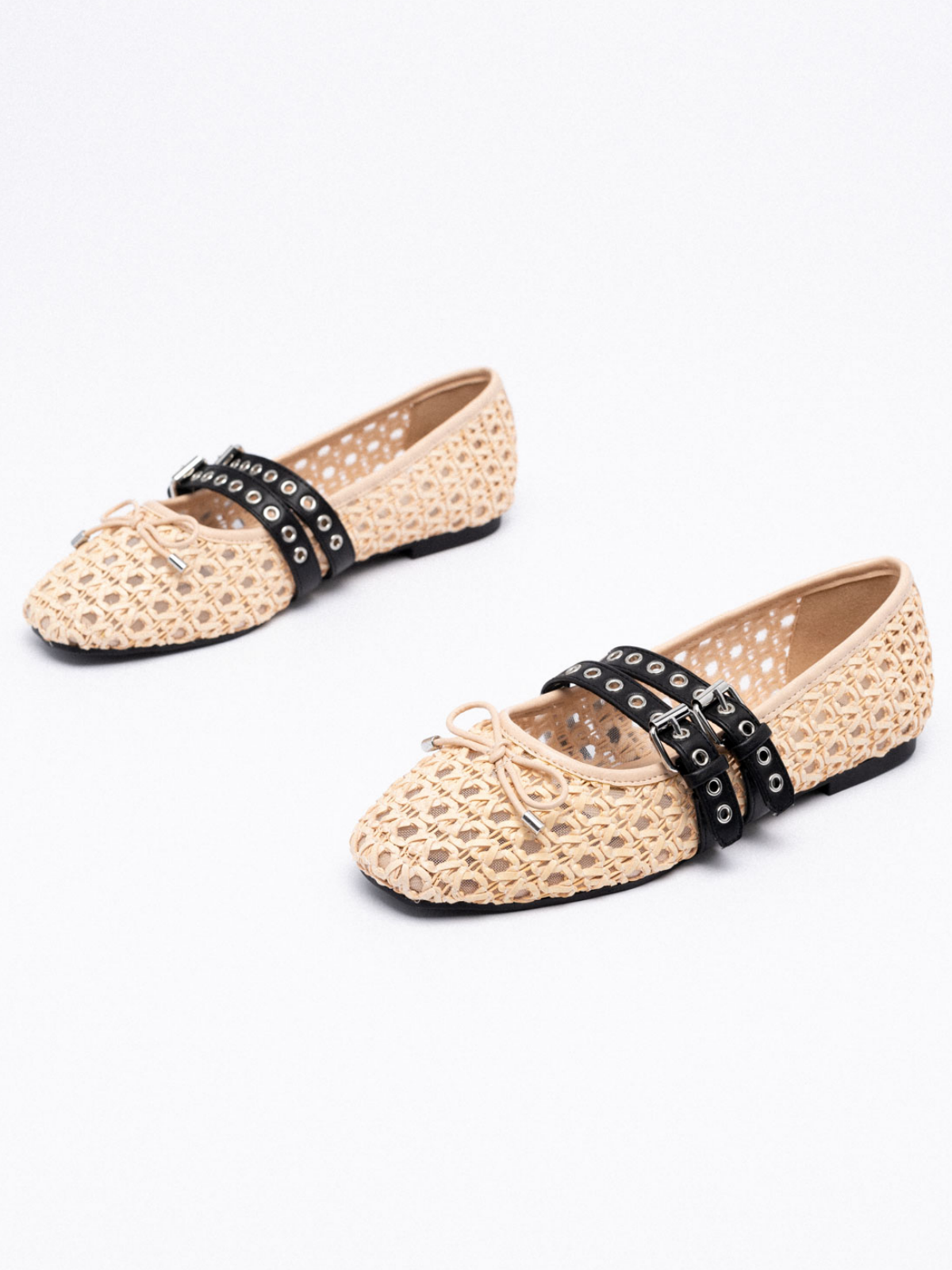 Nude Raffia Woven Bow Ballet Flats Mary Janes With Grommet Buckled Straps