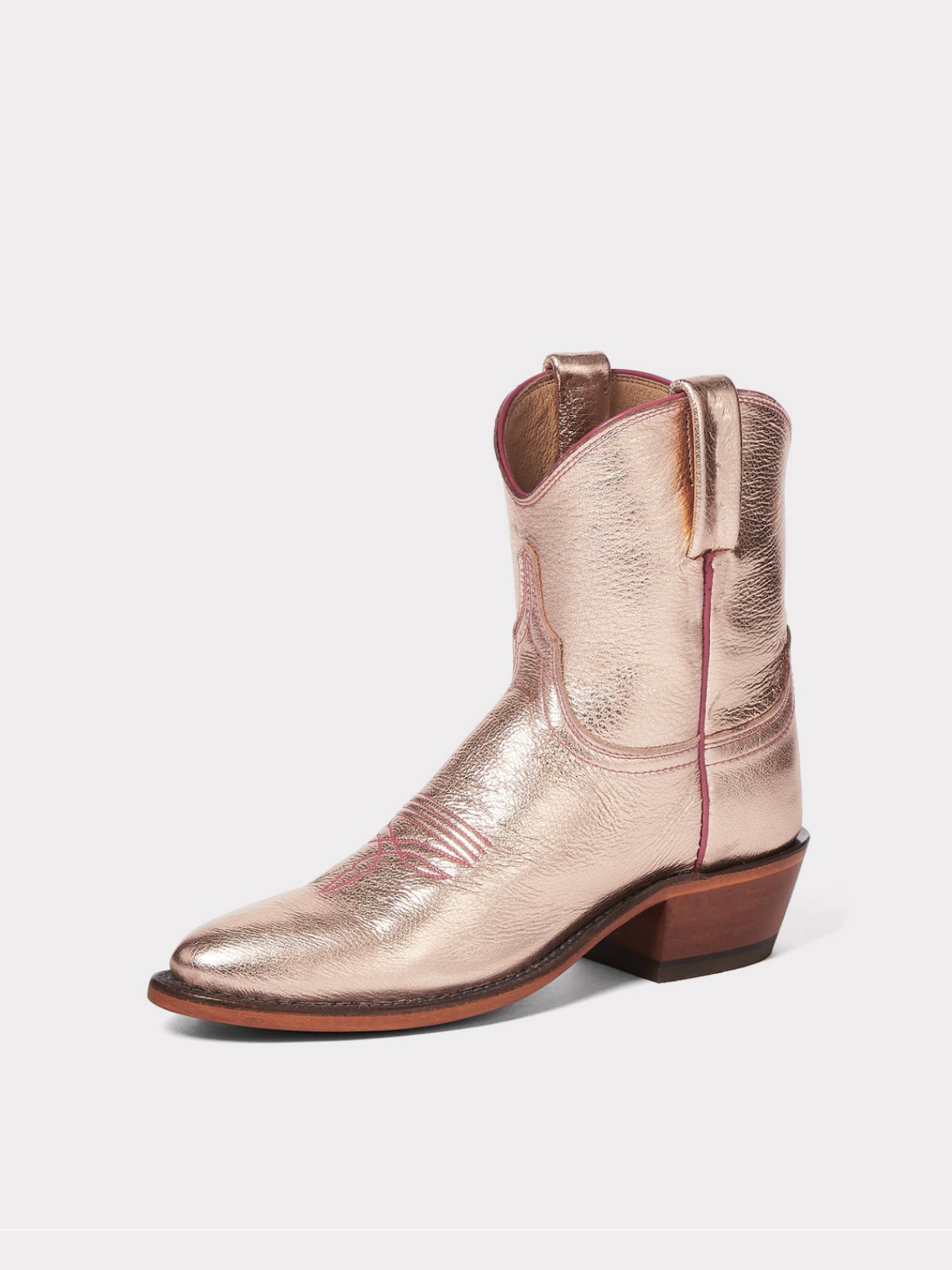 Metallic Rose Gold Almond-Toe Wide Mid Calf Western Boots For Women