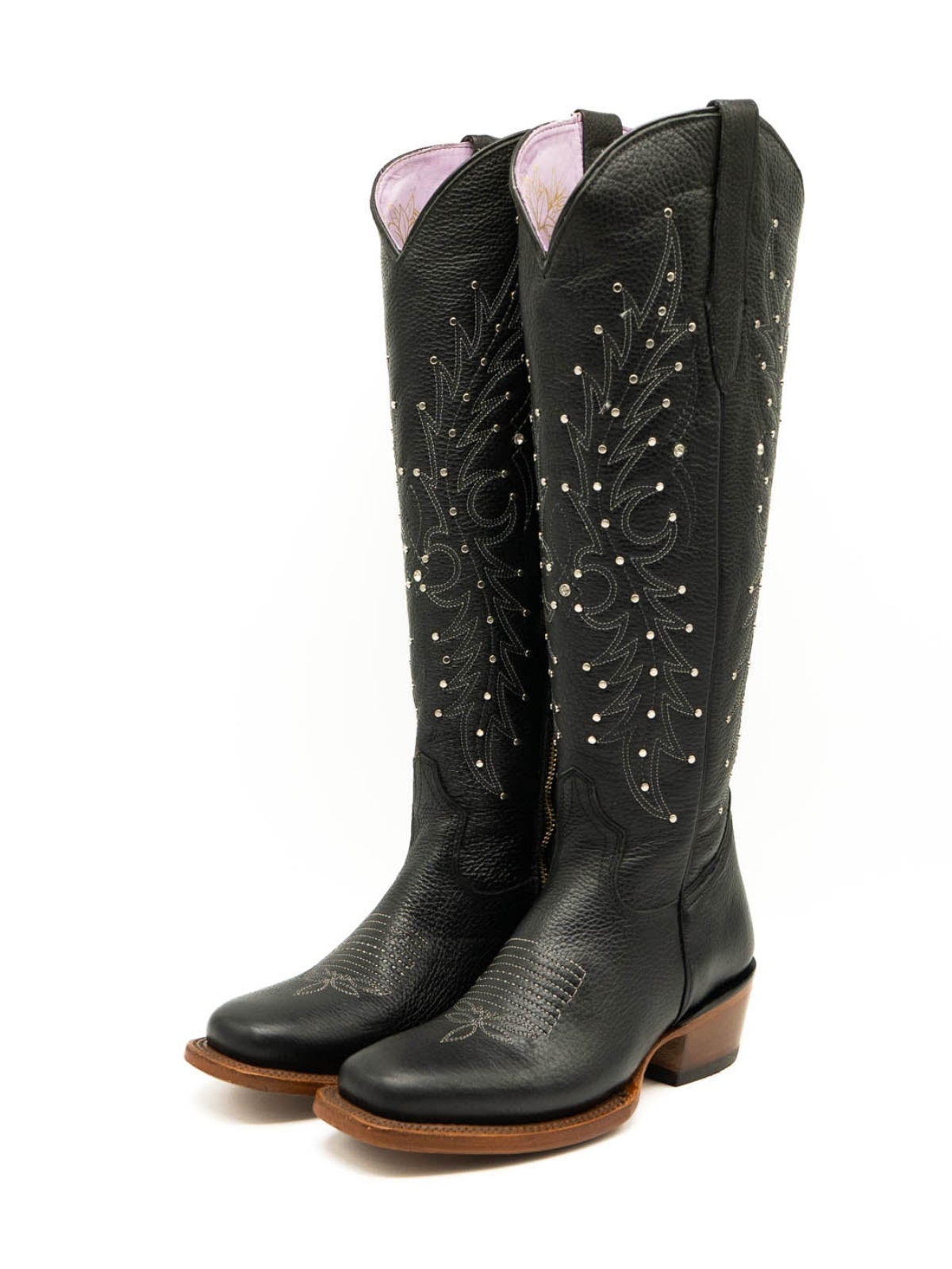 Studded Rhinestone Square-Toe Embroidery Half-Zip Tall Knee High Cowgirl Boots - Black