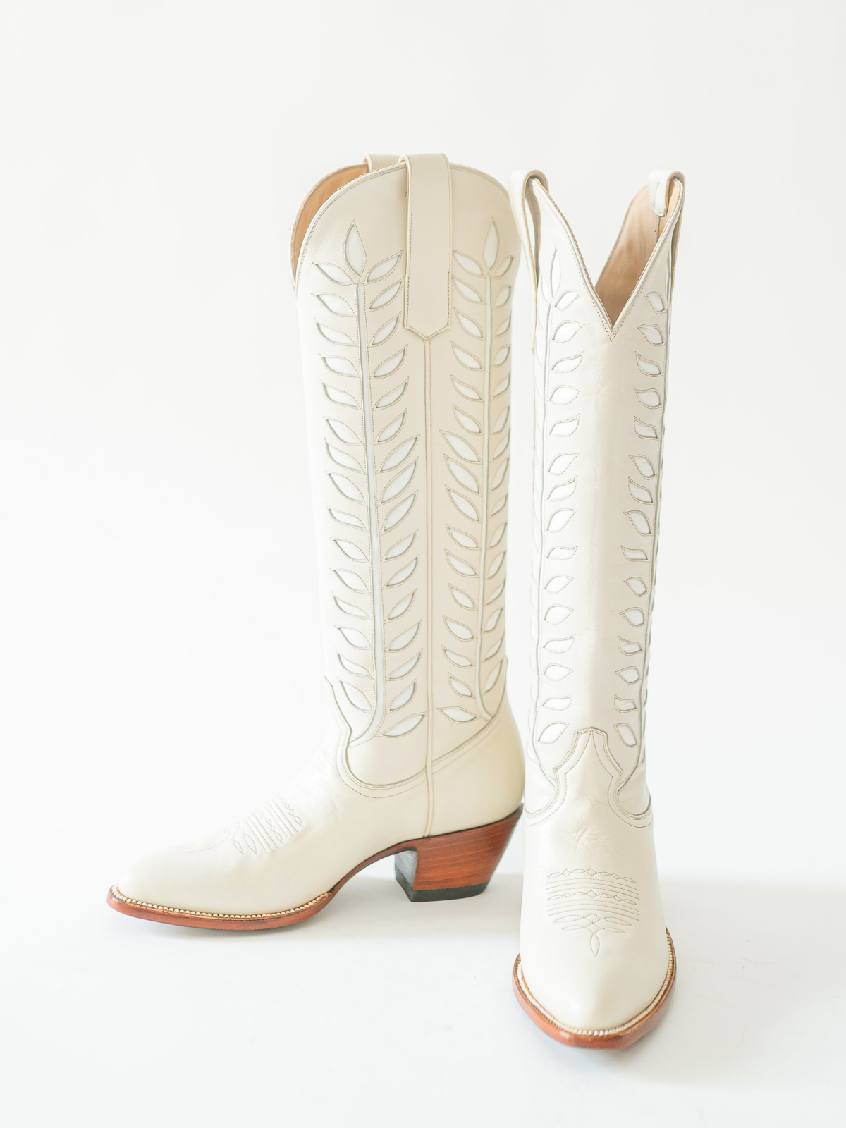 Almond-Toe Ivory Leaves Inlay Wide Calf Tall Knee High Cowgirl Boots - Cream