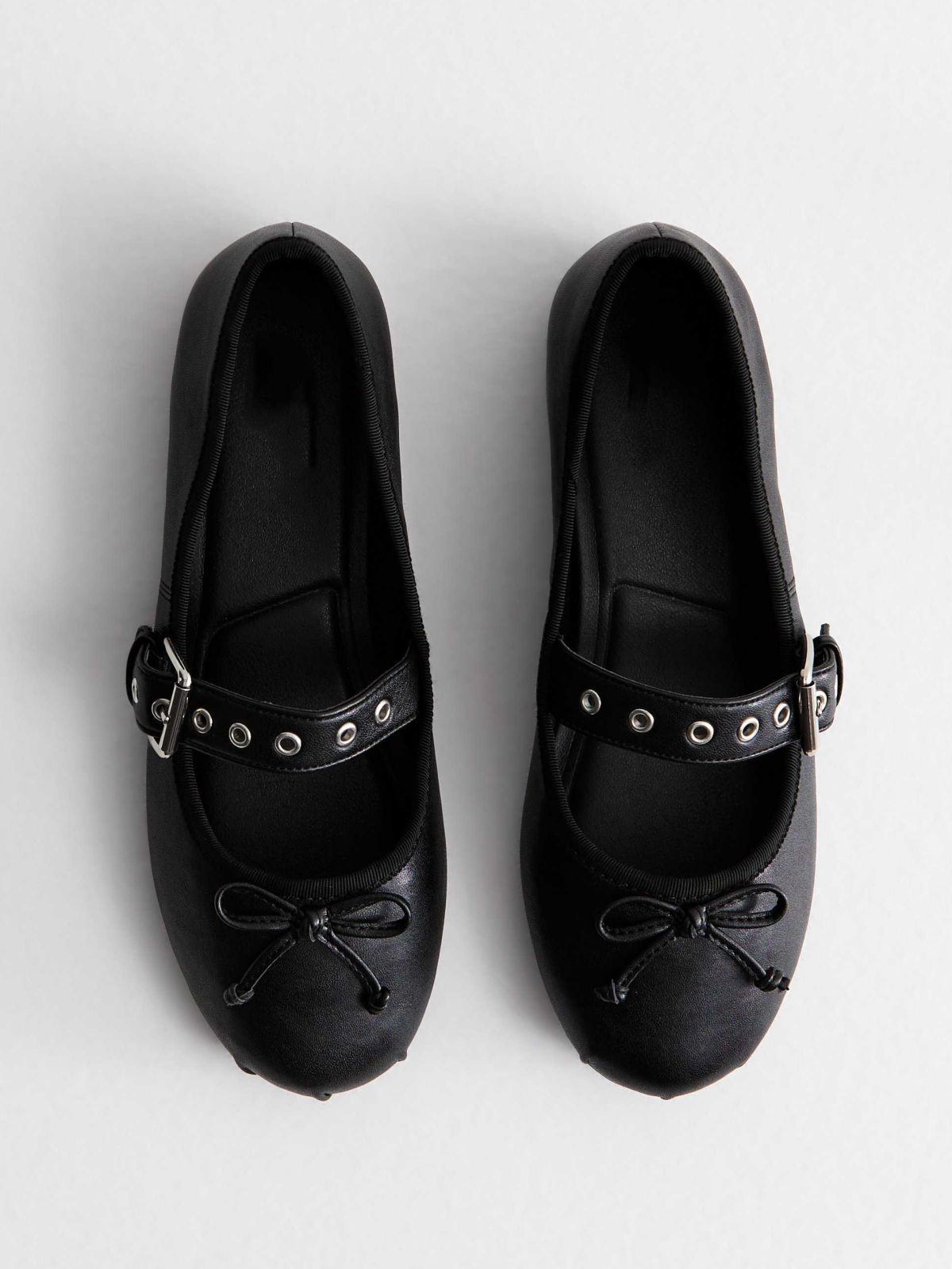 Black Bow Ballet Flats Mary Janes With Eyelet Buckled Strap