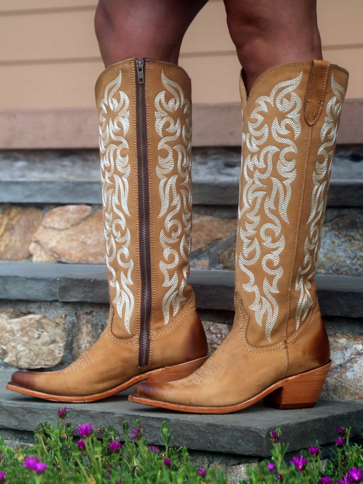 Round Pointed-Toe Embroidery Full-Zip Tall Knee High Cowgirl Boots - Honey