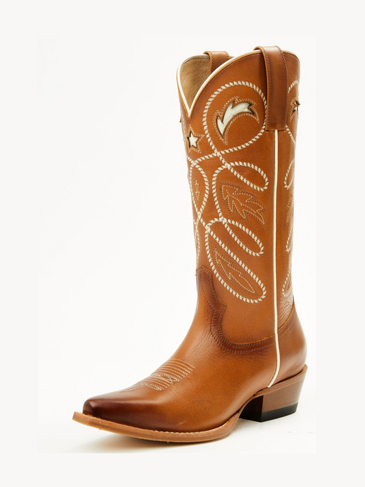 Honey Snip-Toe Inlay Embroidery Wide Mid Calf Cowgirl Boots