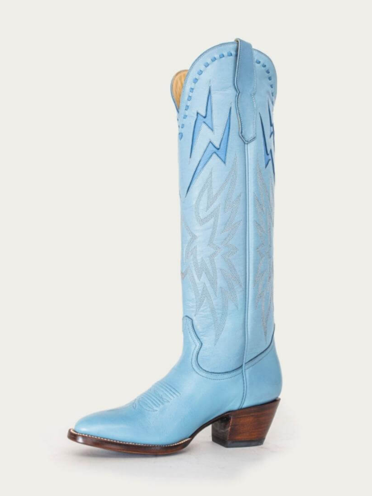 Powder Blue Almond-Toe Embroidery Lightning Inlay Wide Mid Calf Cowgirl Boots