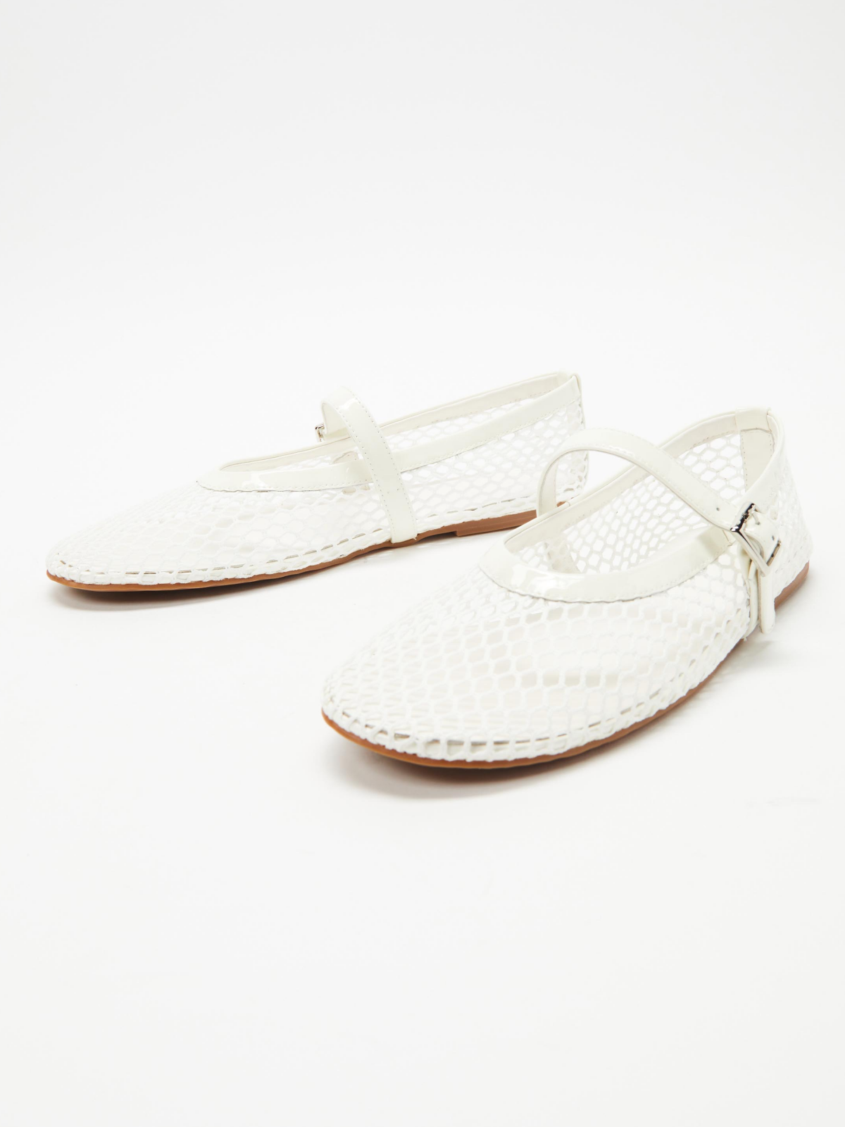 Fishnet Round-Toe Ballet Flats Mary Janes With Buckled Strap In White