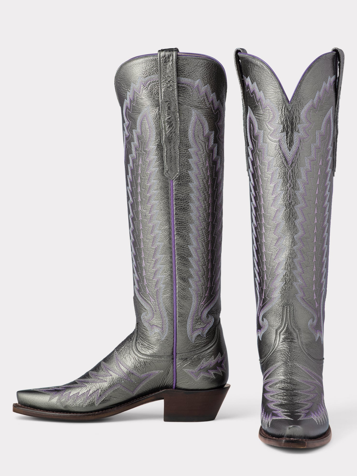 Metallic Pewter Snip-Toe Embroidery Wide Calf Tall Knee High Cowgirl Boots