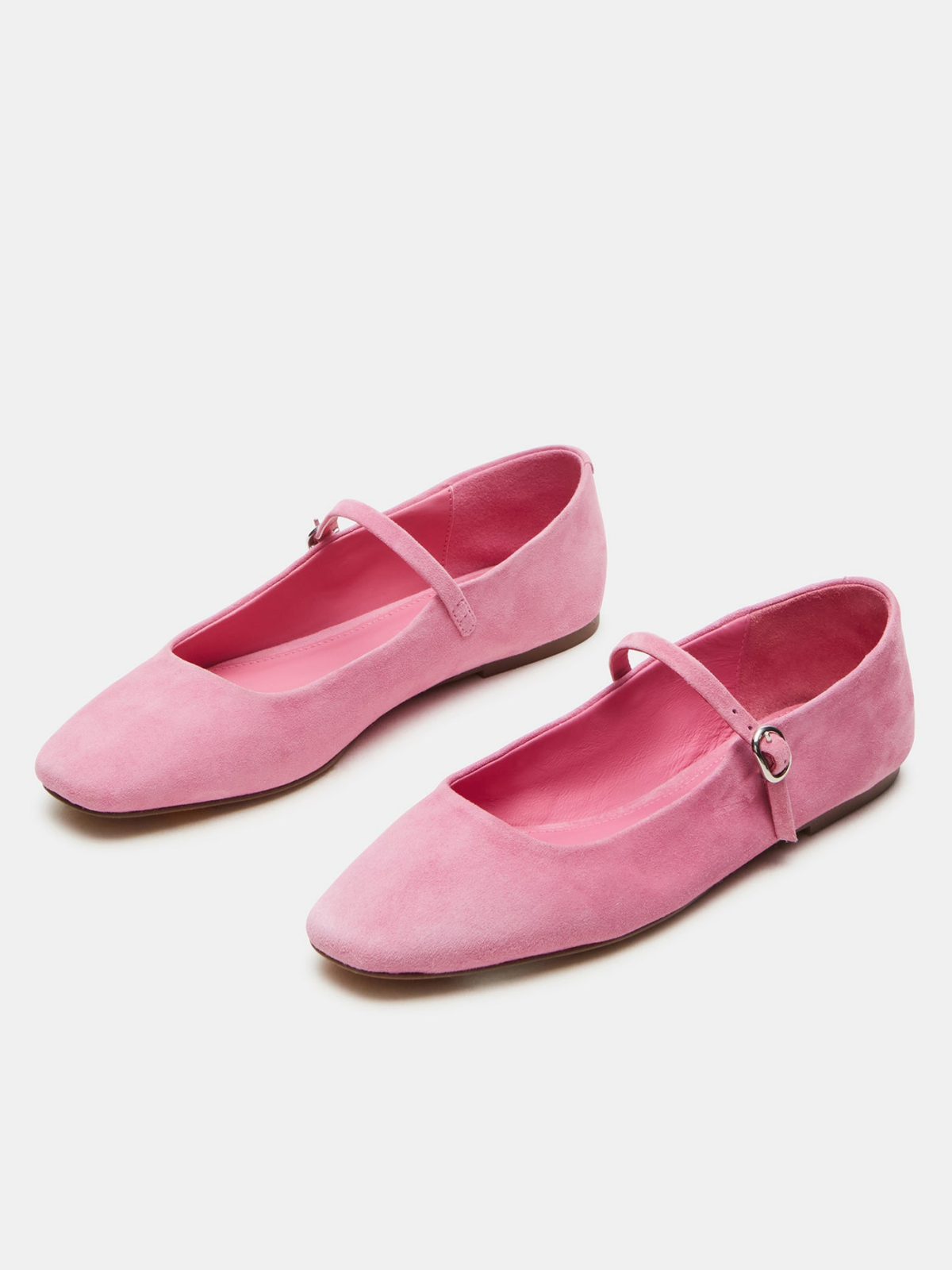 Pink Faux Suede Square-Toe Mary Janes Ballet Flats With Bridge Strap