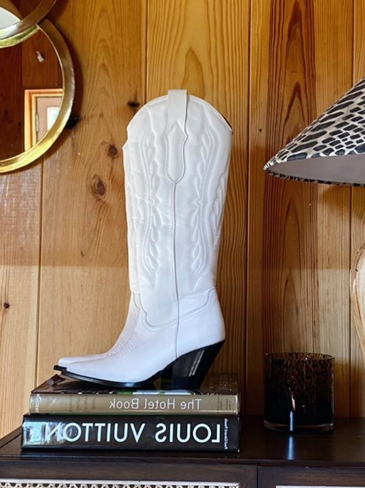 Wing Embroidery Pointed-Toe Wide Calf Tall Knee High Cowgirl Boots - White