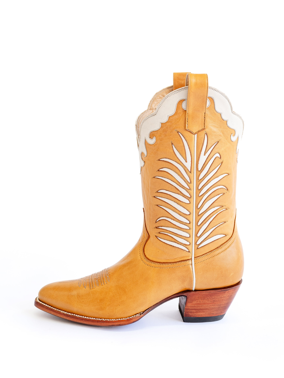 Honey Almond-Toe White Inlay Applique Wide Mid Calf Cowgirl Boots