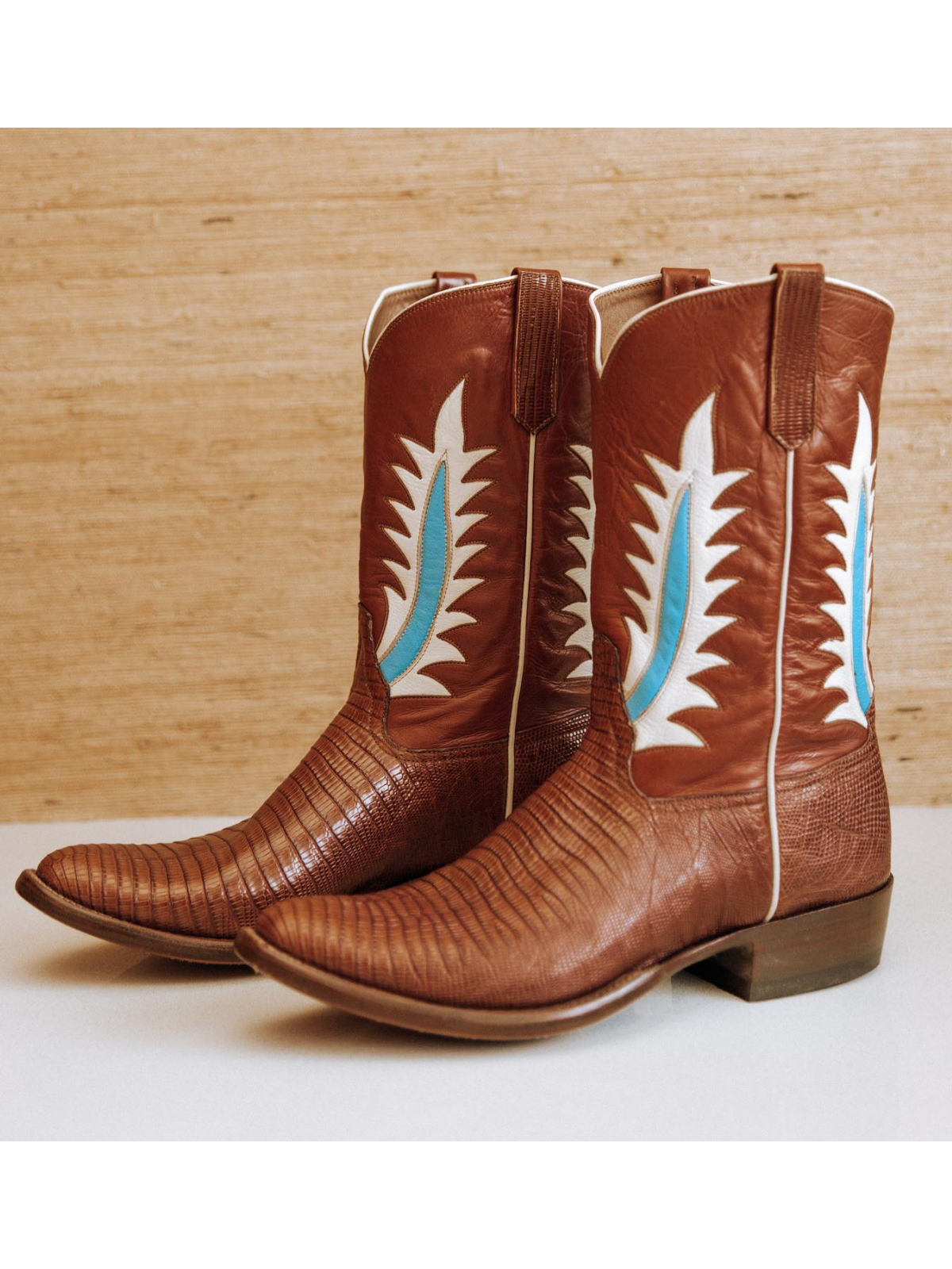 Brown Contrast Vegan Leather And Lizard Print Snip-Toe Classic Inlay Wide Mid Calf Cowgirl Boots