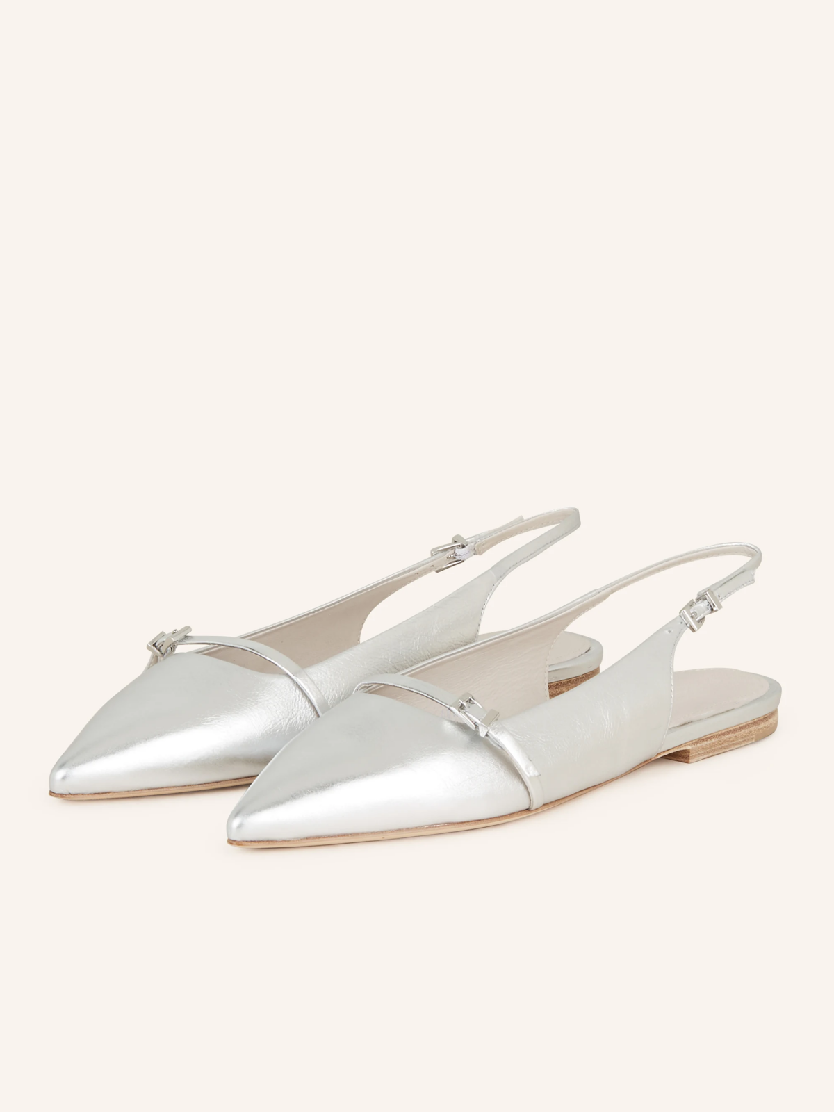 Metallic Silver Pointy Buckled Strappy Slingback Ballerinas Flats