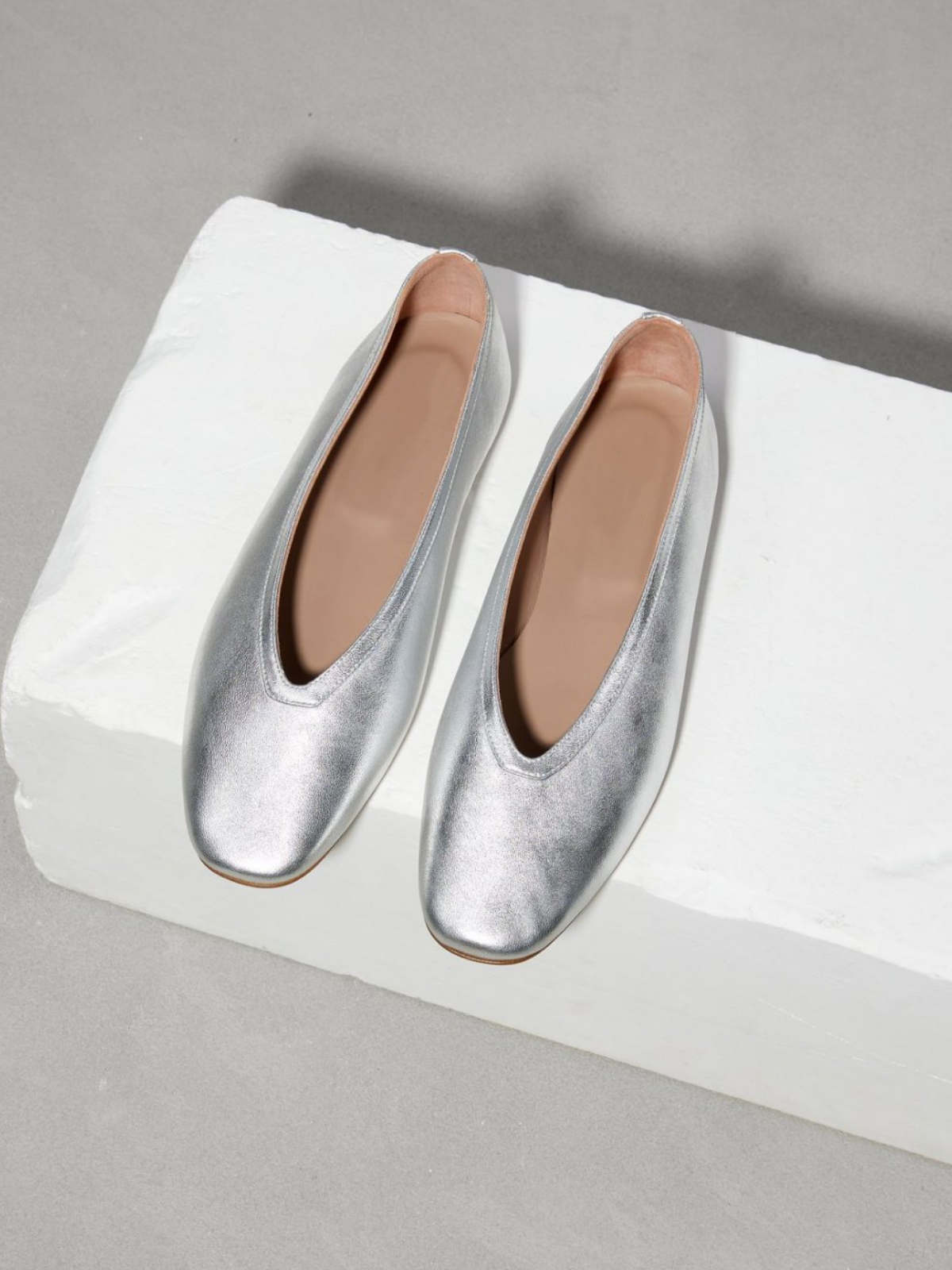 Metallic Silver Square Toe Slip-On Ballet Flats