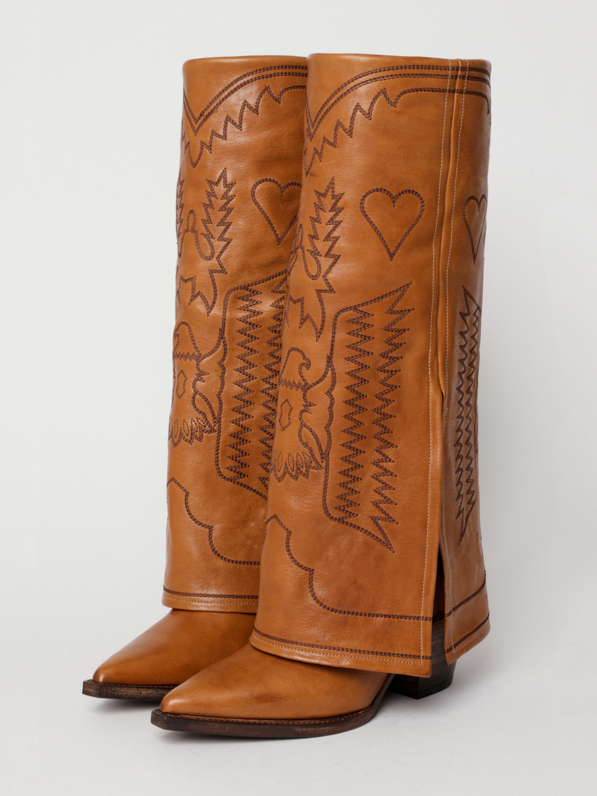 Fold-Over Panel Eagle And Heart Embroidery Snip-Toe Wide Mid Calf Boots - Light Brown