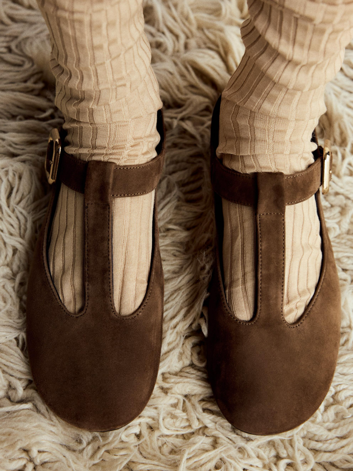 Dark Tan Round-Toe Mary Janes With Buckle Ballet Flats