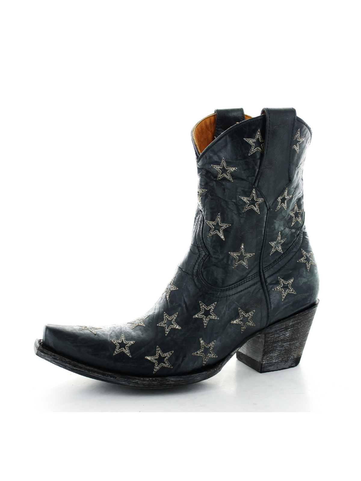 Navy Blue Snip-Toe Star Embroidery Wide Mid Calf Short Cowgirl Boots