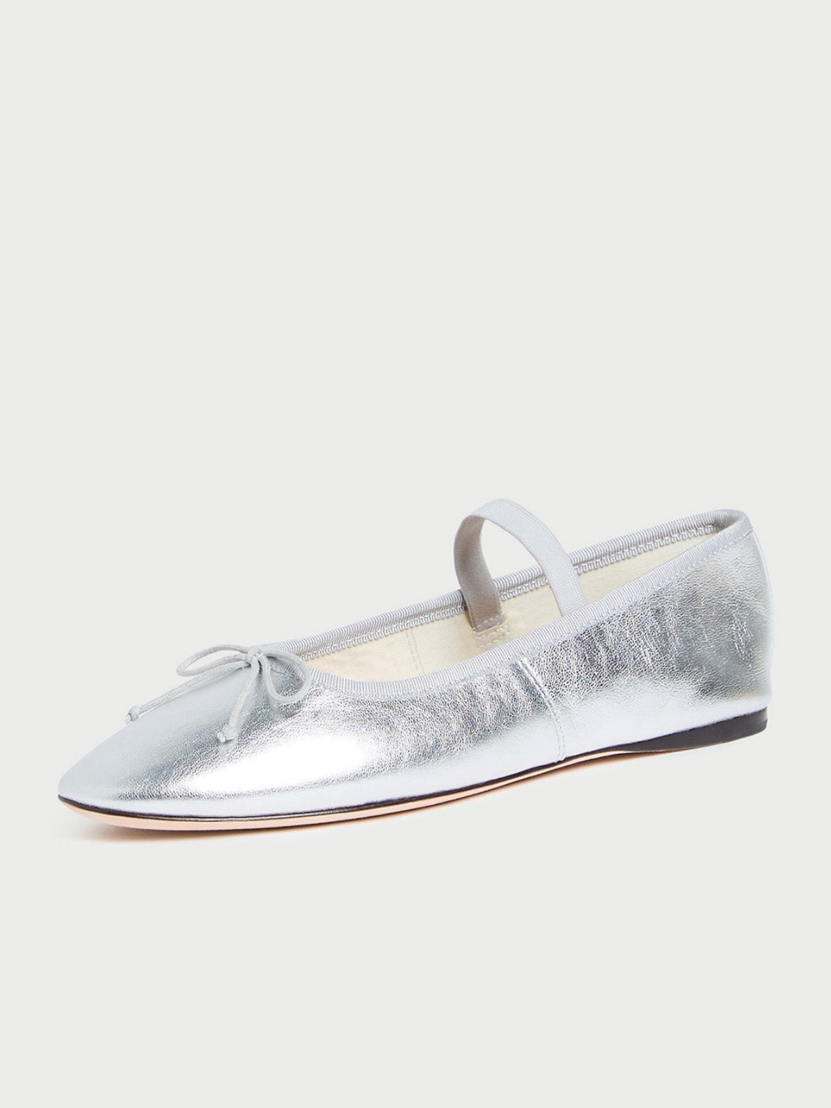 Metallic Silver Bow Almond-Toe Ballet Flats Mary Janes With Buckled Strap