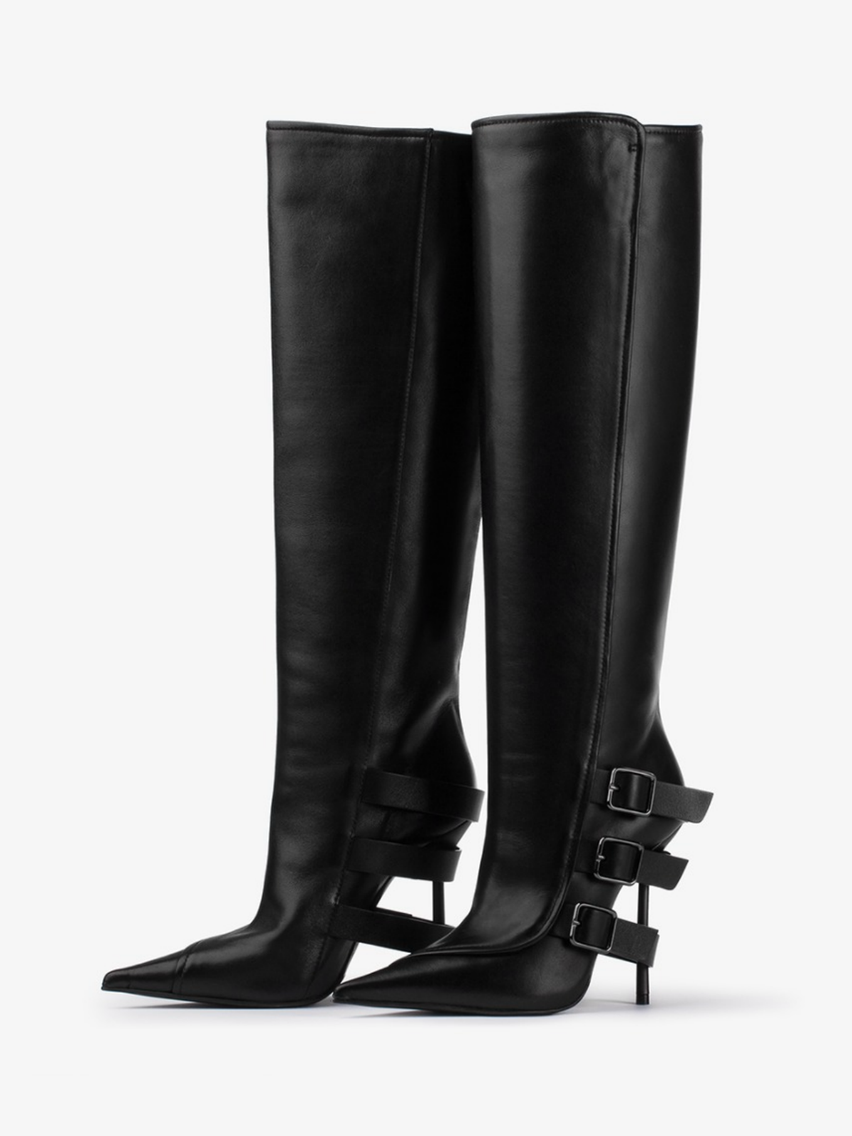 Black Pointed-Toe Wide Mid Calf Stiletto Boots With Buckles