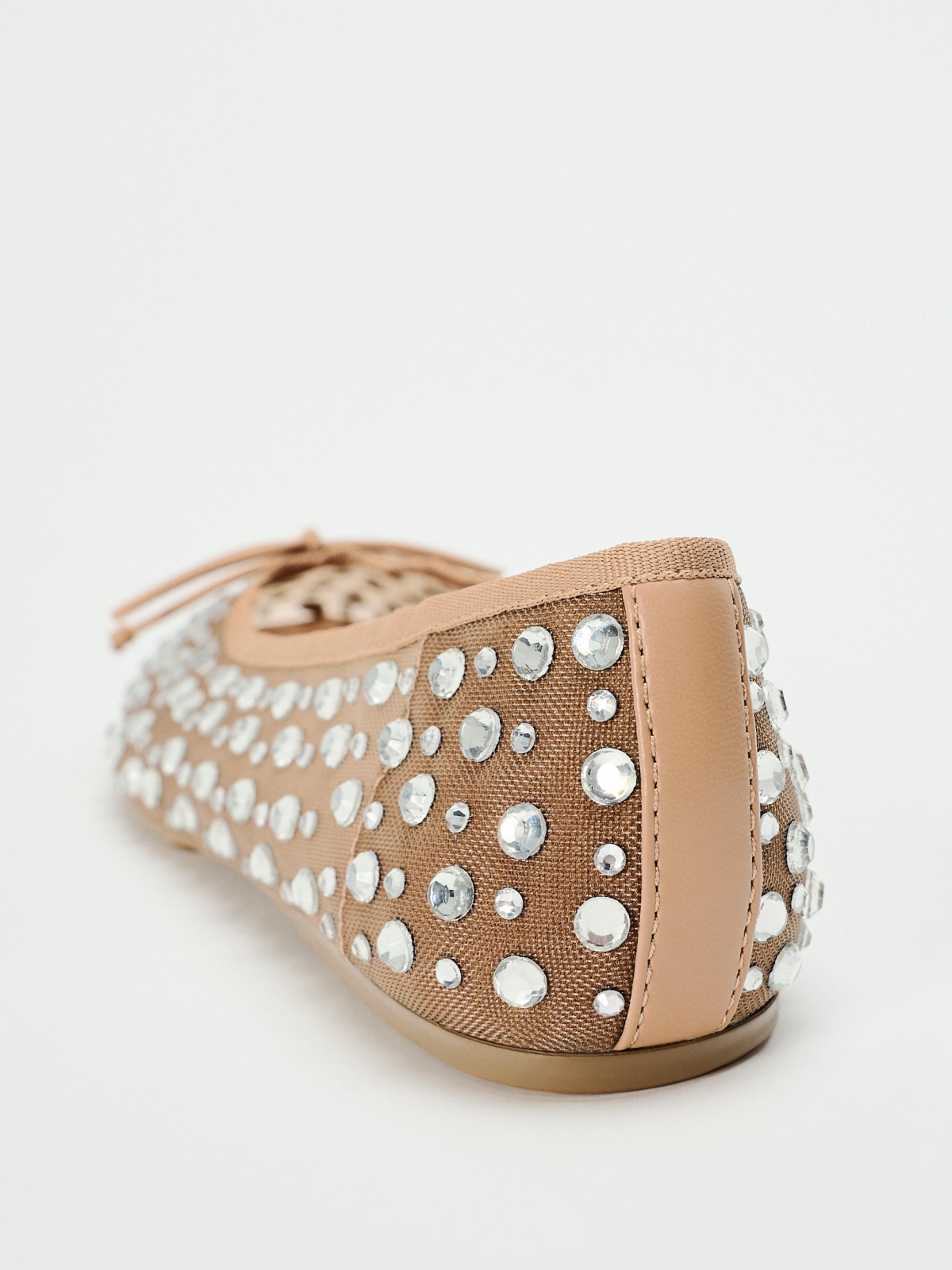 Beige Mesh Round-Toe Ballet Flats With Bow & Sparkle Rhinestone