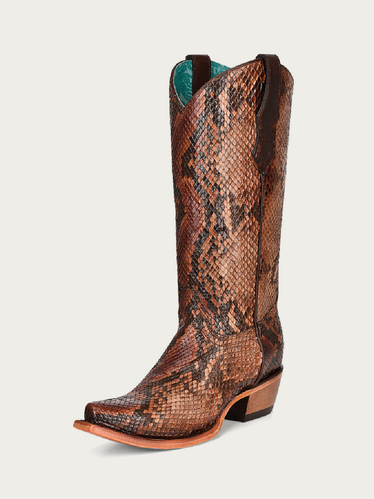 Brown Snakeskin Vegan Leather Snip-Toe Wide Mid Calf Cowgirl Boots