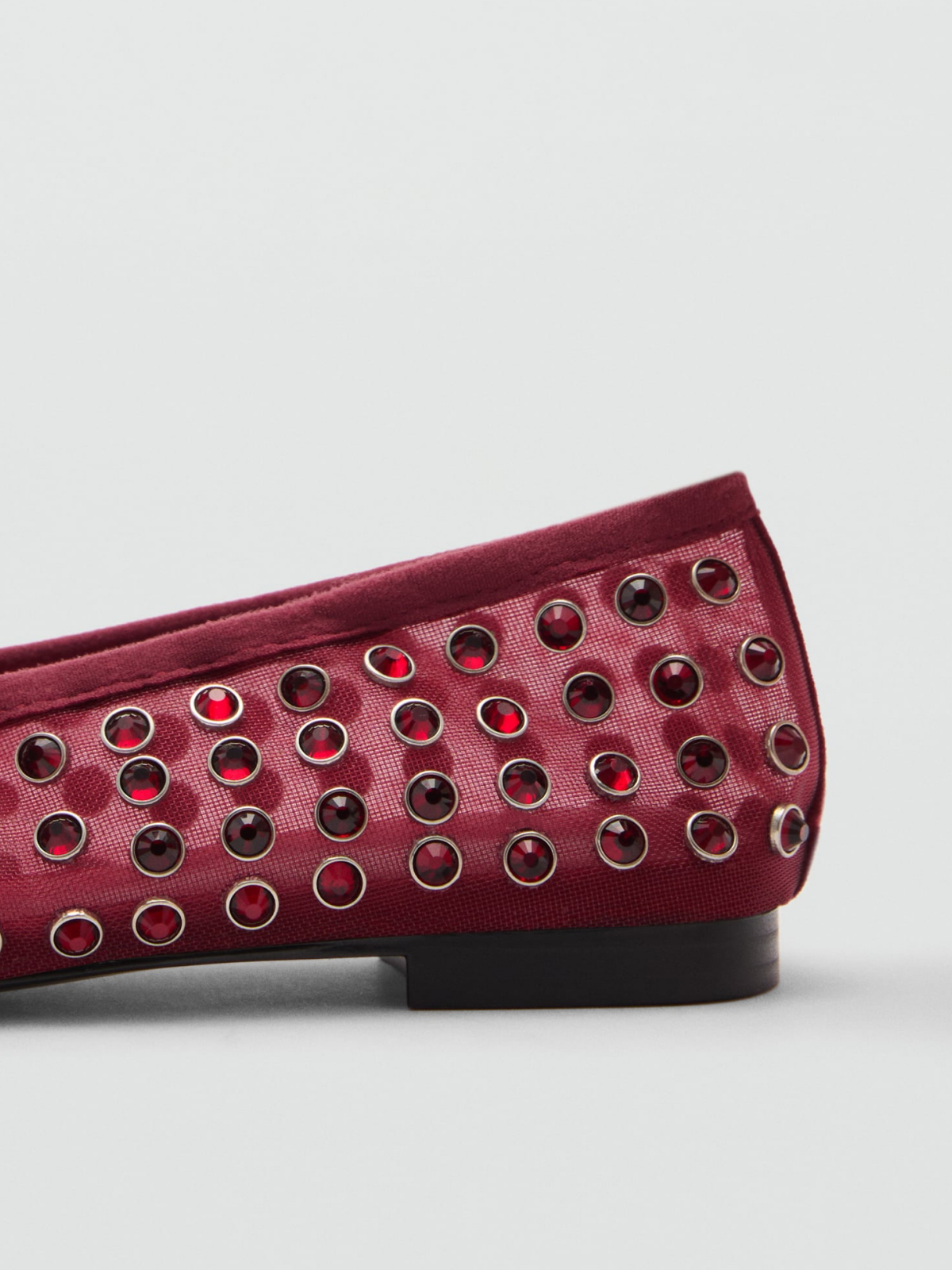 Burgundy Faux Suede Round-Toe Mesh Studded Ballet Flats