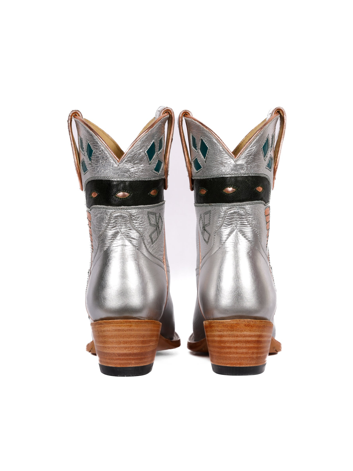 Metallic Silver Almond-Toe Snake Inlay Wide Mid Calf Cowgirl Boots