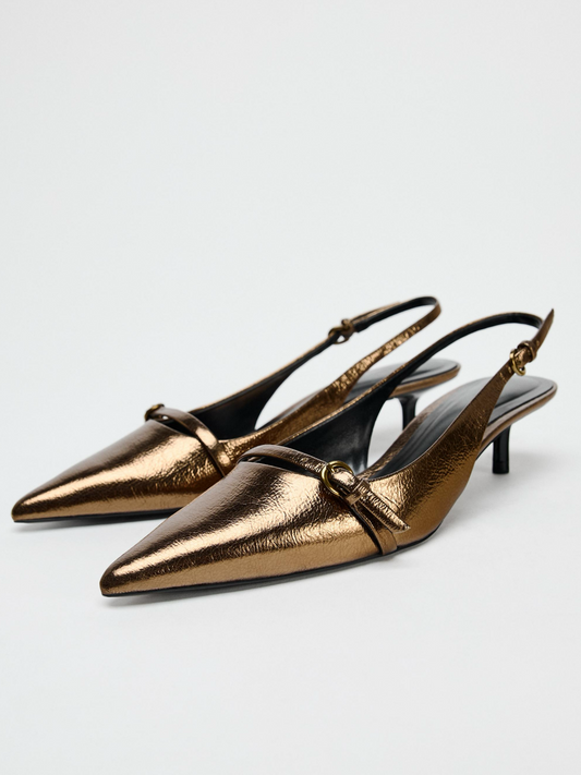 Metallic Gold Pointed-Toe Front Strap With Buckle Slingback Kitten Heels