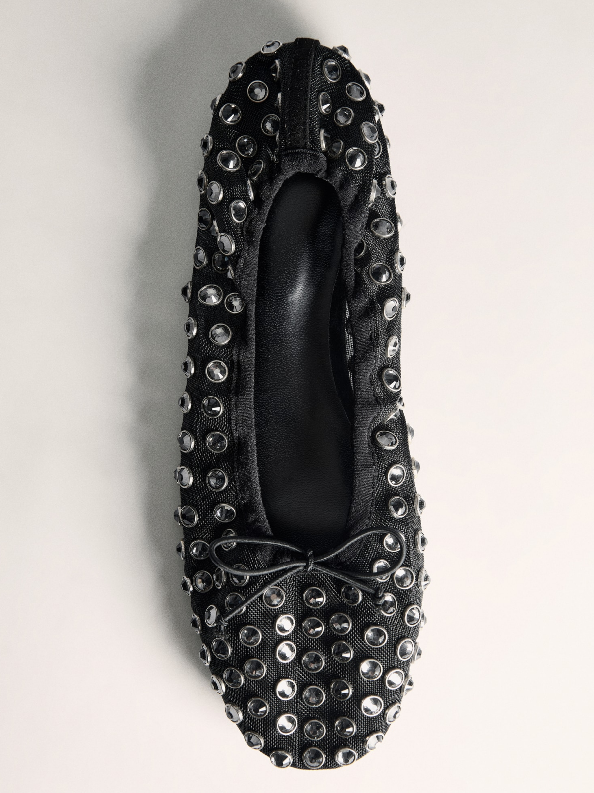 Black Faux Suede Round-Toe Mesh Studded Ballet Flats