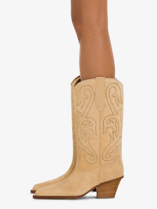 Light Tan Faux Suede Snip-Toe Embroidery Wide Mid Calf Cowgirl Boots
