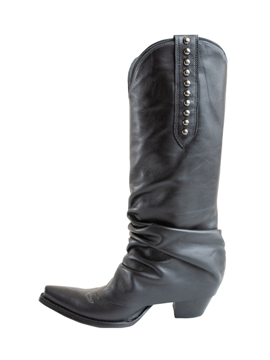 Black Snip-Toe Studded Tall Wide Mid Calf Fold-Over Slouch Cowgirl Boots