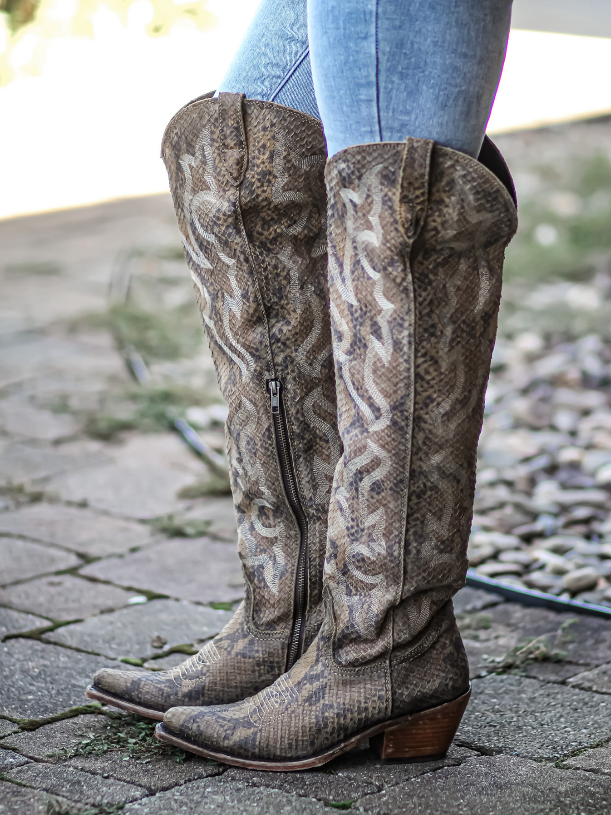 Snakeskin Almond-Toe Embroidery Half-Zip Over-The-Knee Cowgirl Boots