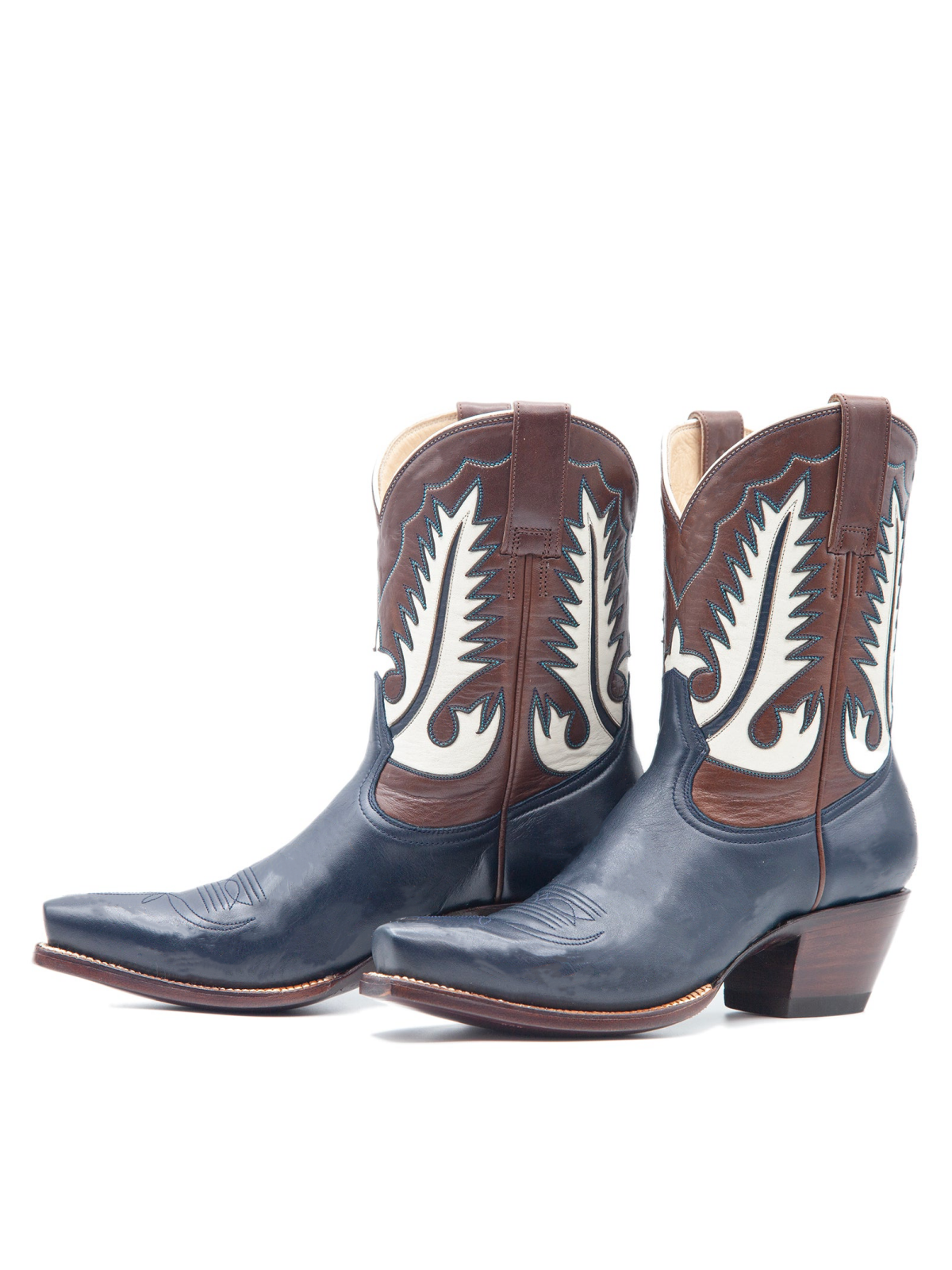 Contrast Blue And Brown Snip-Toe White Feather Inlay Wide Mid Calf Cowgirl Boots