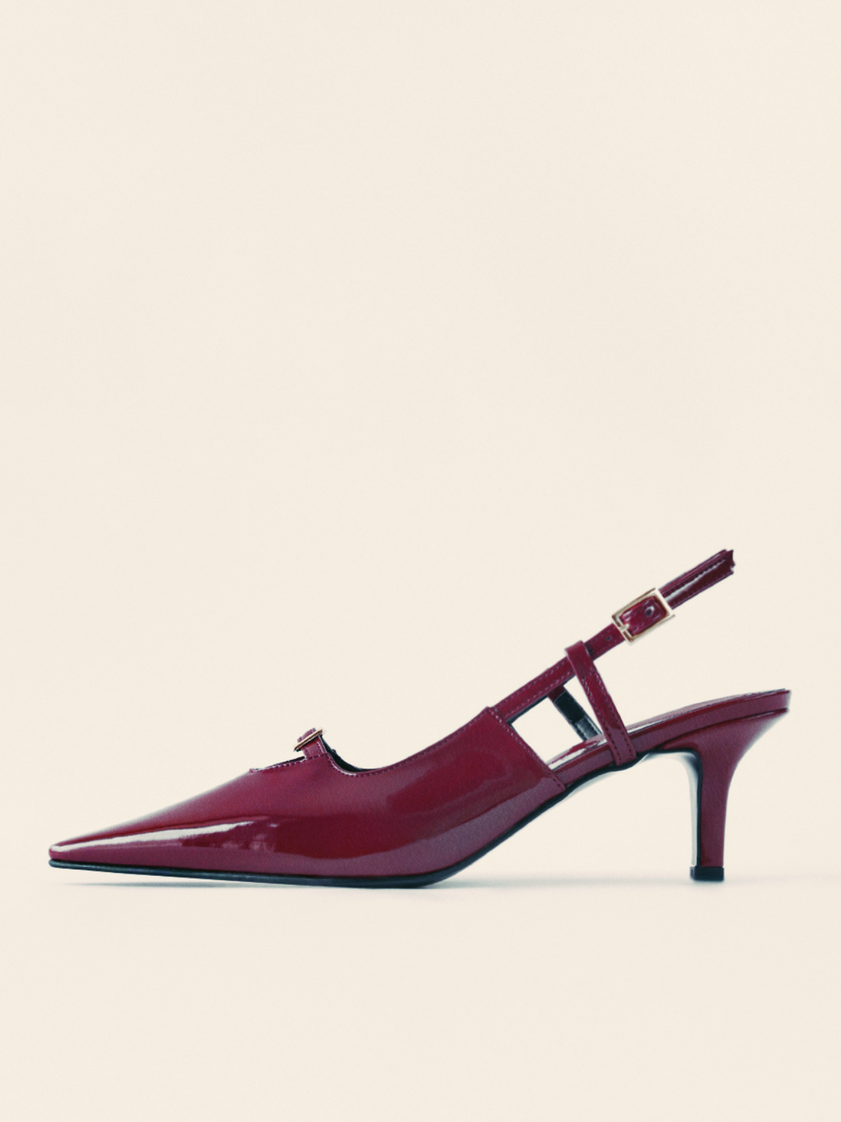 Maroon Patent Buckled Strap Hollow-Out Kitten Heels Slingback Pumps