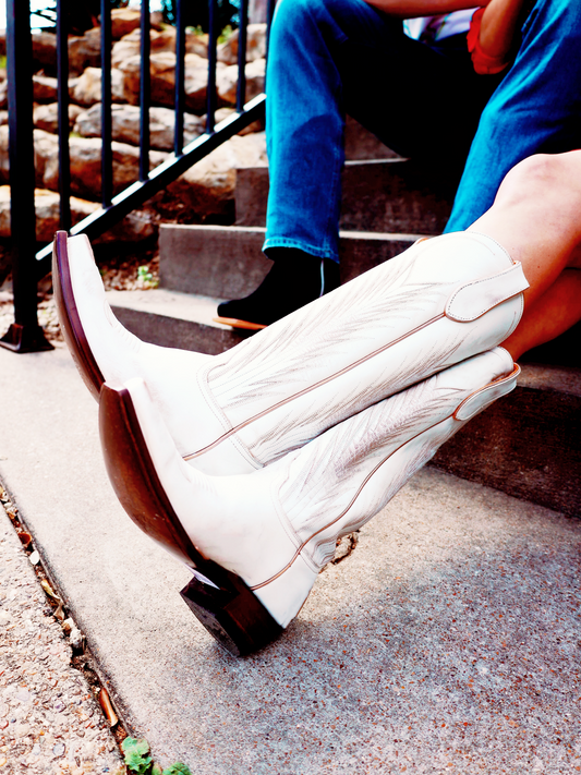 White Embroidery Snip-Toe Wide Mid Calf Western Boots Cowgirl Tall Boots