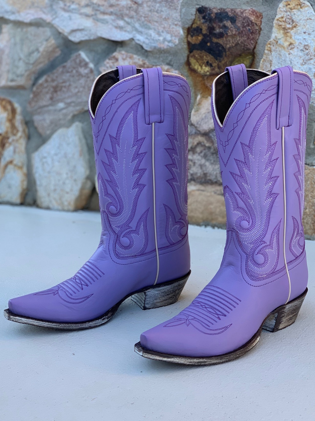 Lilac Purple Snip-Toe Embroidery Wide Mid Calf Tall Western Boots