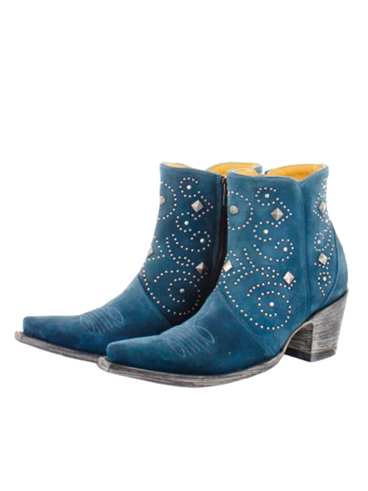 Teal Blue Snip-Toe Studded Full-Zip Short Mid Calf Cowgirl Boots