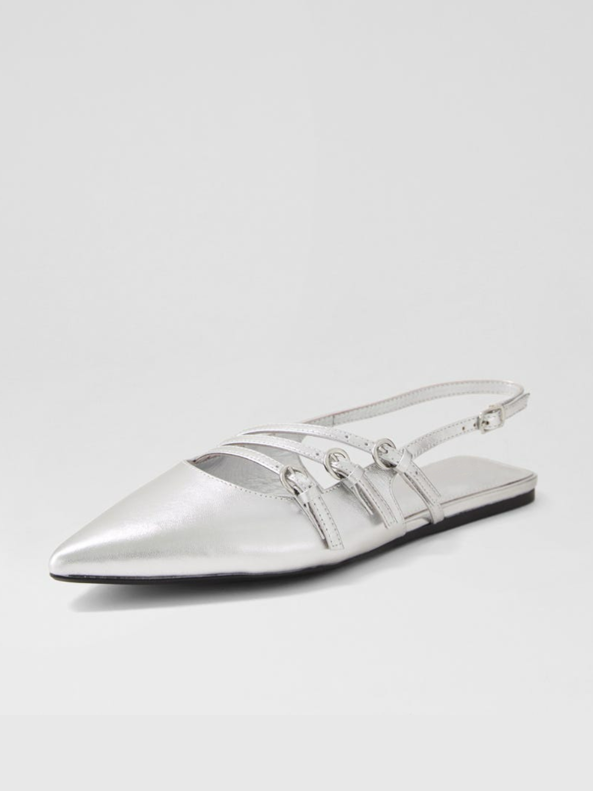 Metallic Silver Pointed-Toe Flats With Buckled Slingback