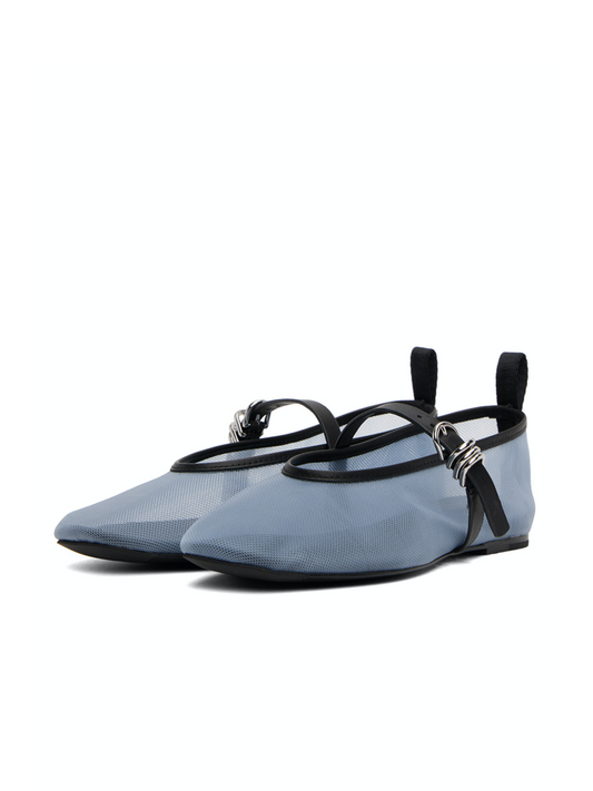 Blue Sheer Mesh Mary Janes Ballet Flats With Buckle & Rings