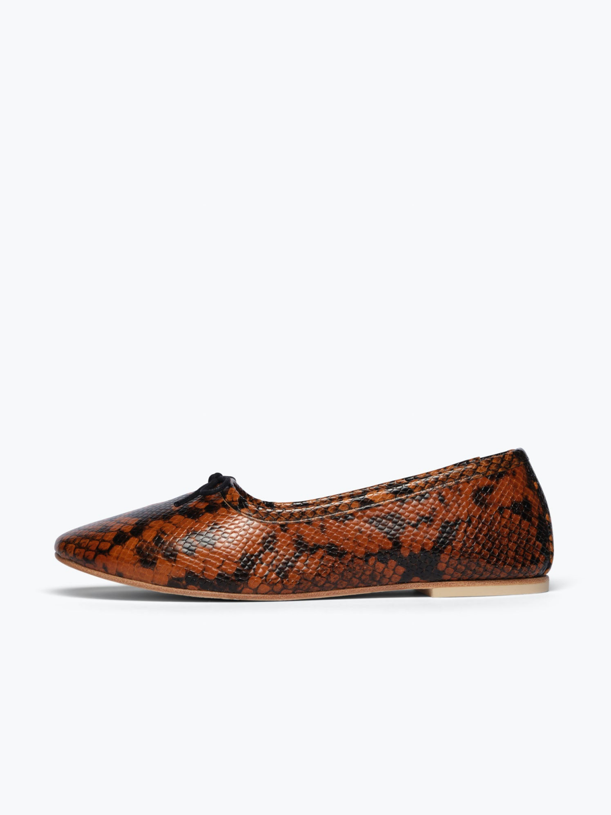 Burnt Sienna Snakeskin Embossed Bow Round-Toe Ballerina Flats