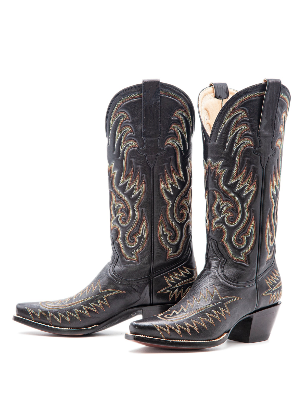 Black Embroidery Snip-Toe Tall Wide Mid Calf Cowboy Boots For Women