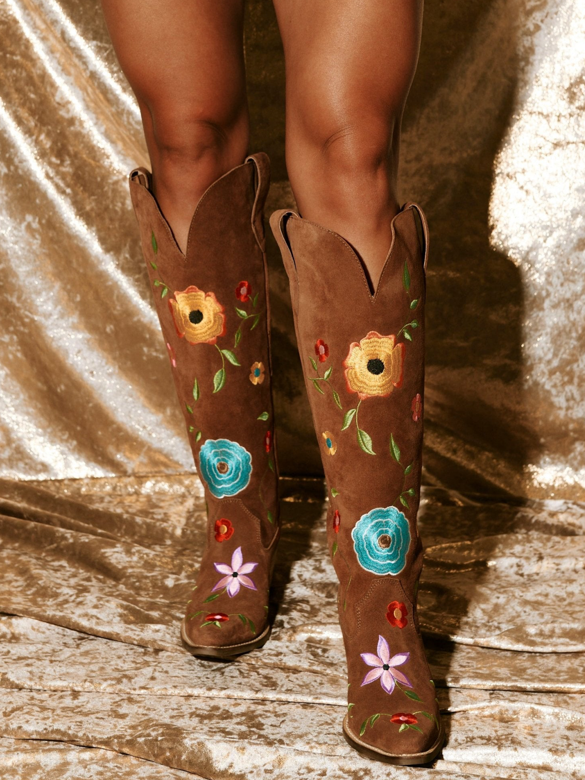 Colorful Floral Embroidery Faux Suede Snip-Toe Wide Mid Calf Cowgirl Boots - Brown