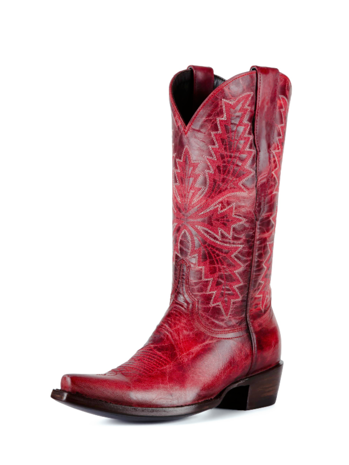 Distressed Leaf Embroidery Snip-Toe Wide Mid Calf Tall Cowgirl Boots - Red