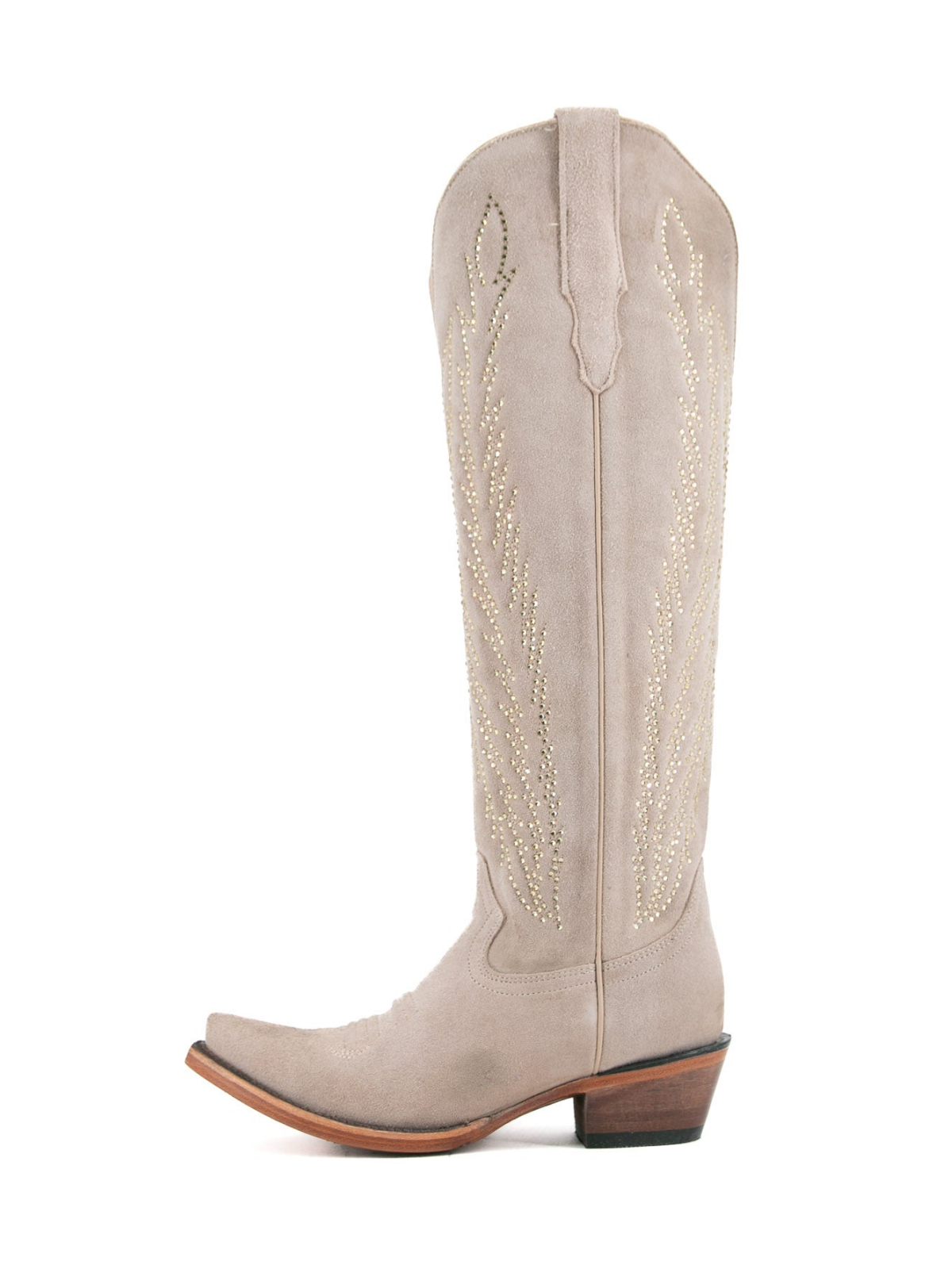 Light Sand Faux Suede Snip-Toe Embroidery Rhinestone Wide Calf Knee High Tall Cowgirl Boots