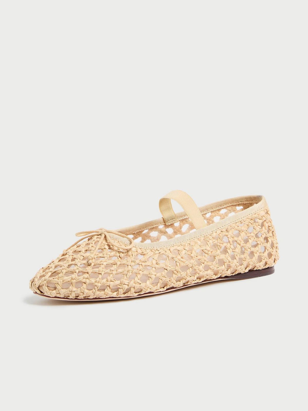 Beige Almond-Toe Straw-Woven Elastic Bridge Strap Bow Mesh Ballet Flats