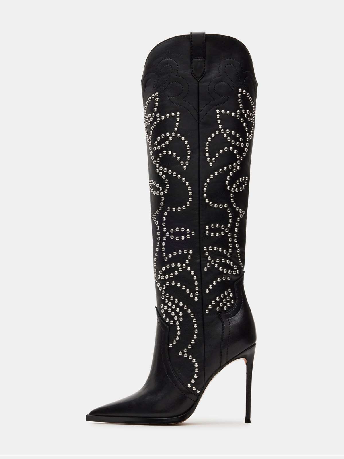 Black Vegan Leather Pointed-Toe Studded Embroidery Wide Mid Calf Stiletto Boots