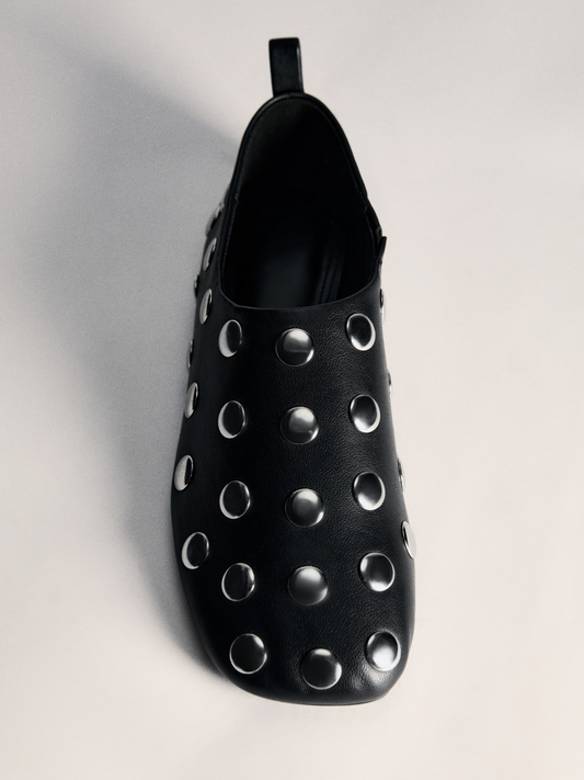 Black Square-Toe Big Studded Flats