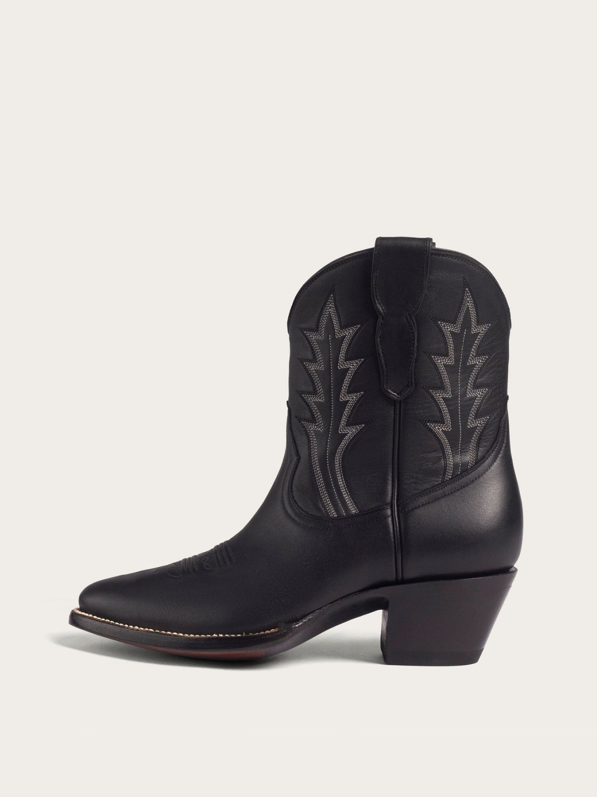 Black Almond-Toe Embroidery Wide Mid Calf Western Boots For Women