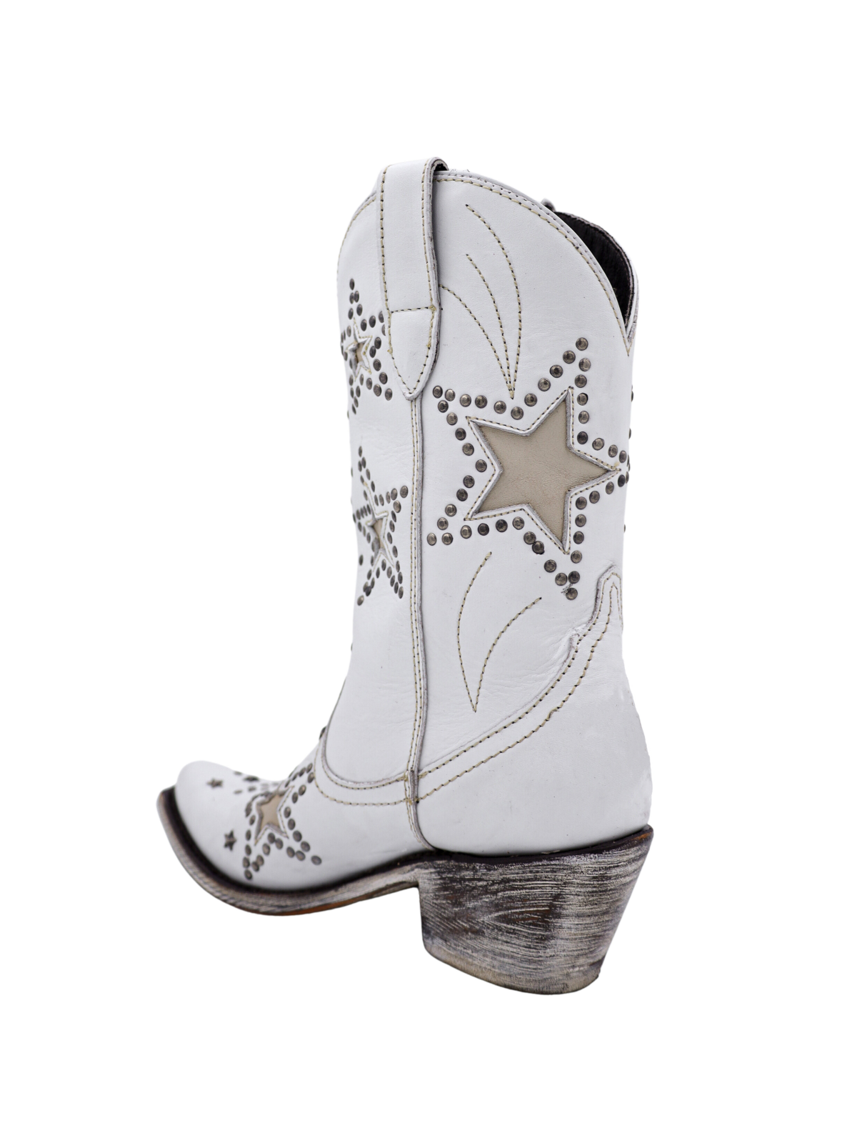 White Almond-Toe Faux Suede Star Inlay And Applique Studded Wide Mid Calf Cowgirl Boots