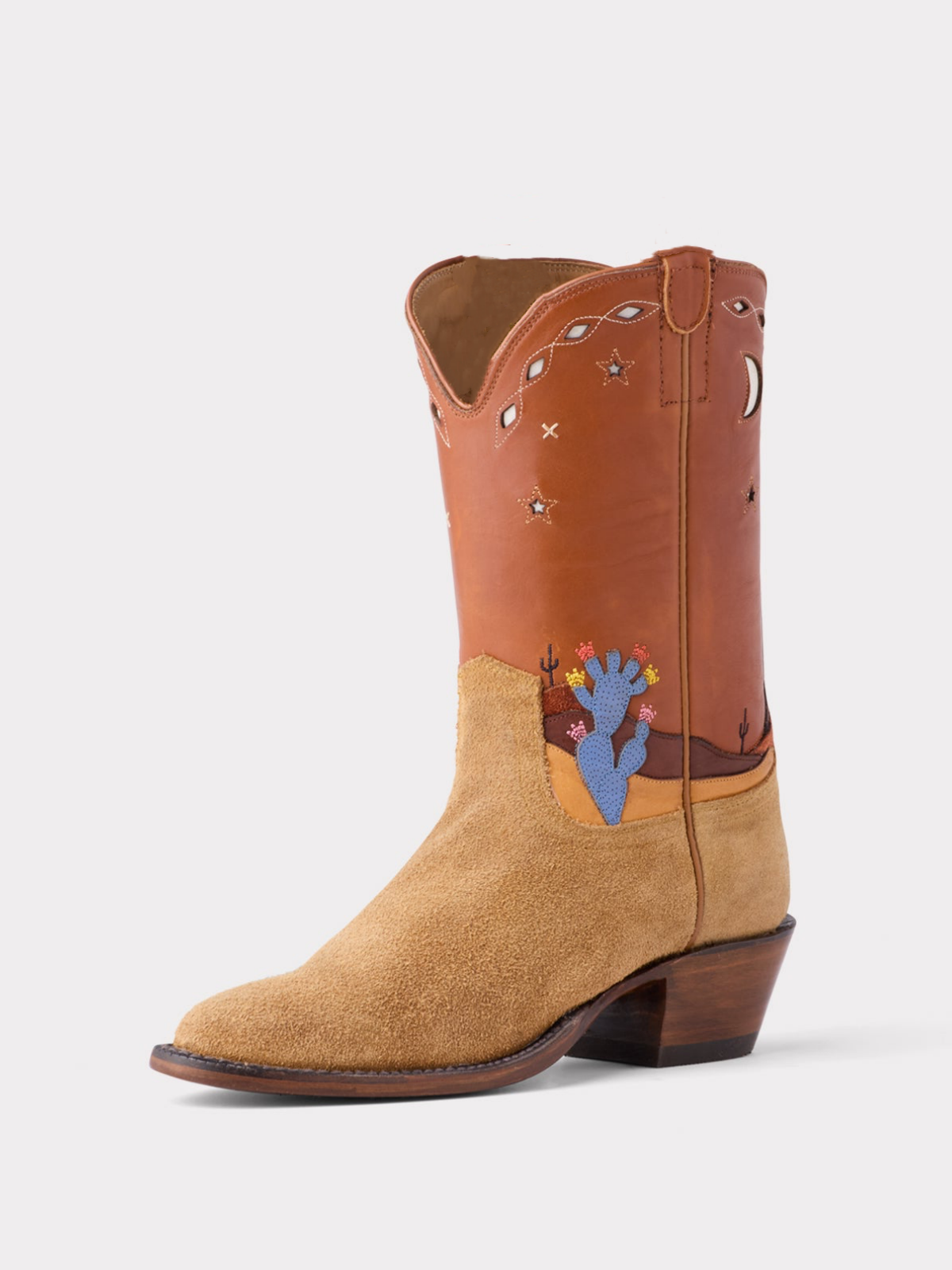 Sand Contrast Vegan Leather And Faux Suede Cactus Applique Moon Star Inlay Wide Mid Calf Cowgirl Boots