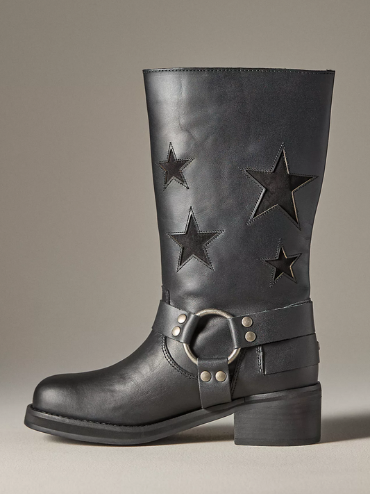 Pewter Square-Toe Stars Inlay Buckles Wide Mid Calf Cowgirl Boots