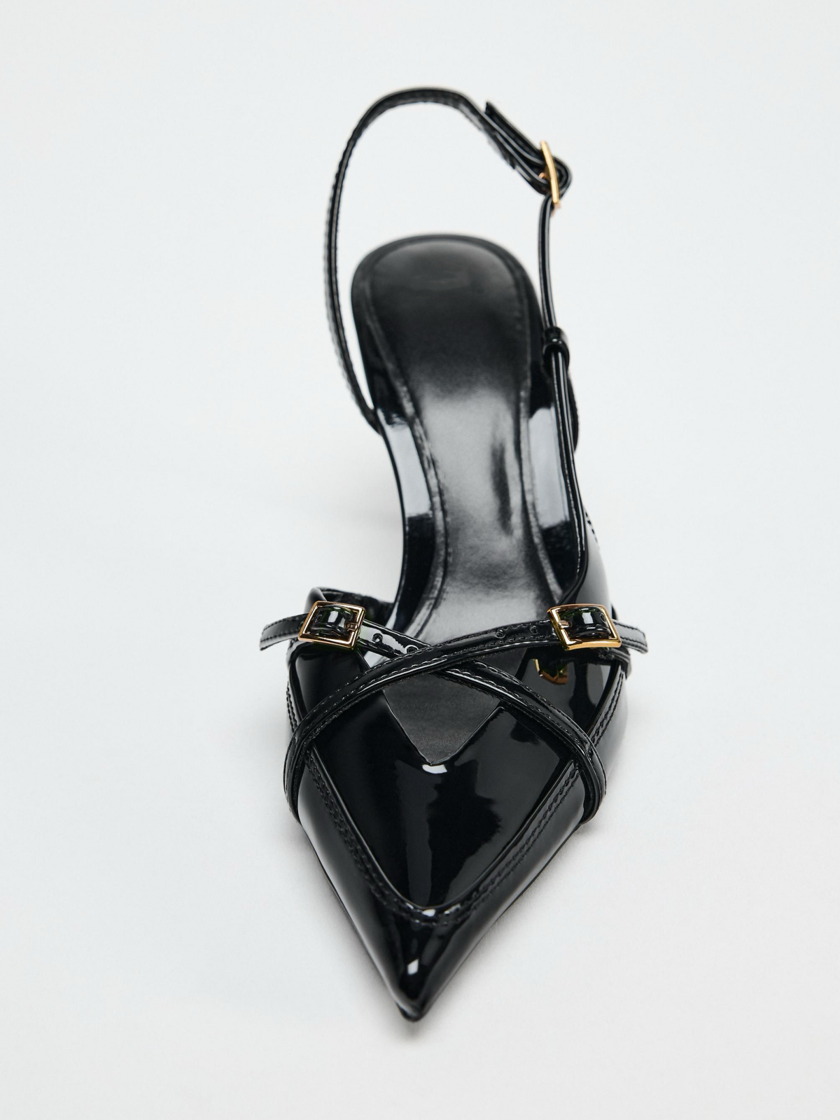 Black Patent Pointed-Toe Double Buckle Front Strap Slingback Pump High Heels